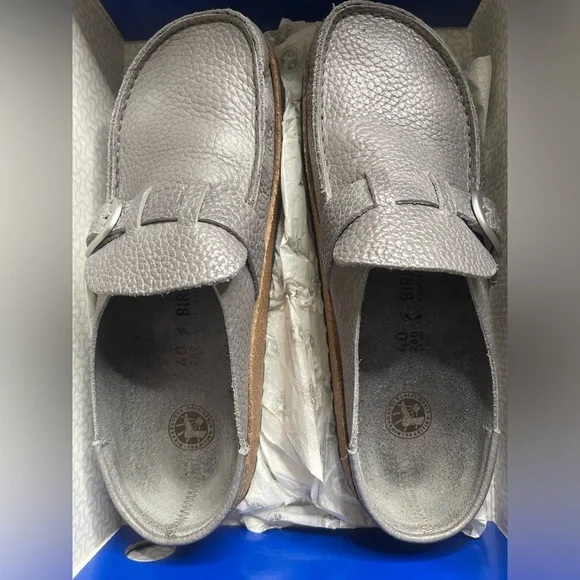 Birkenstock Pebble Gray Leather Clogs - Picture 9 of 11